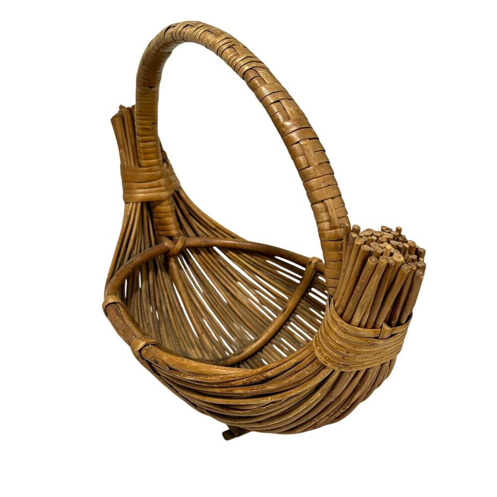Pencil Reed Wood Basket handmade signed unique boat shape vintage centerpiece